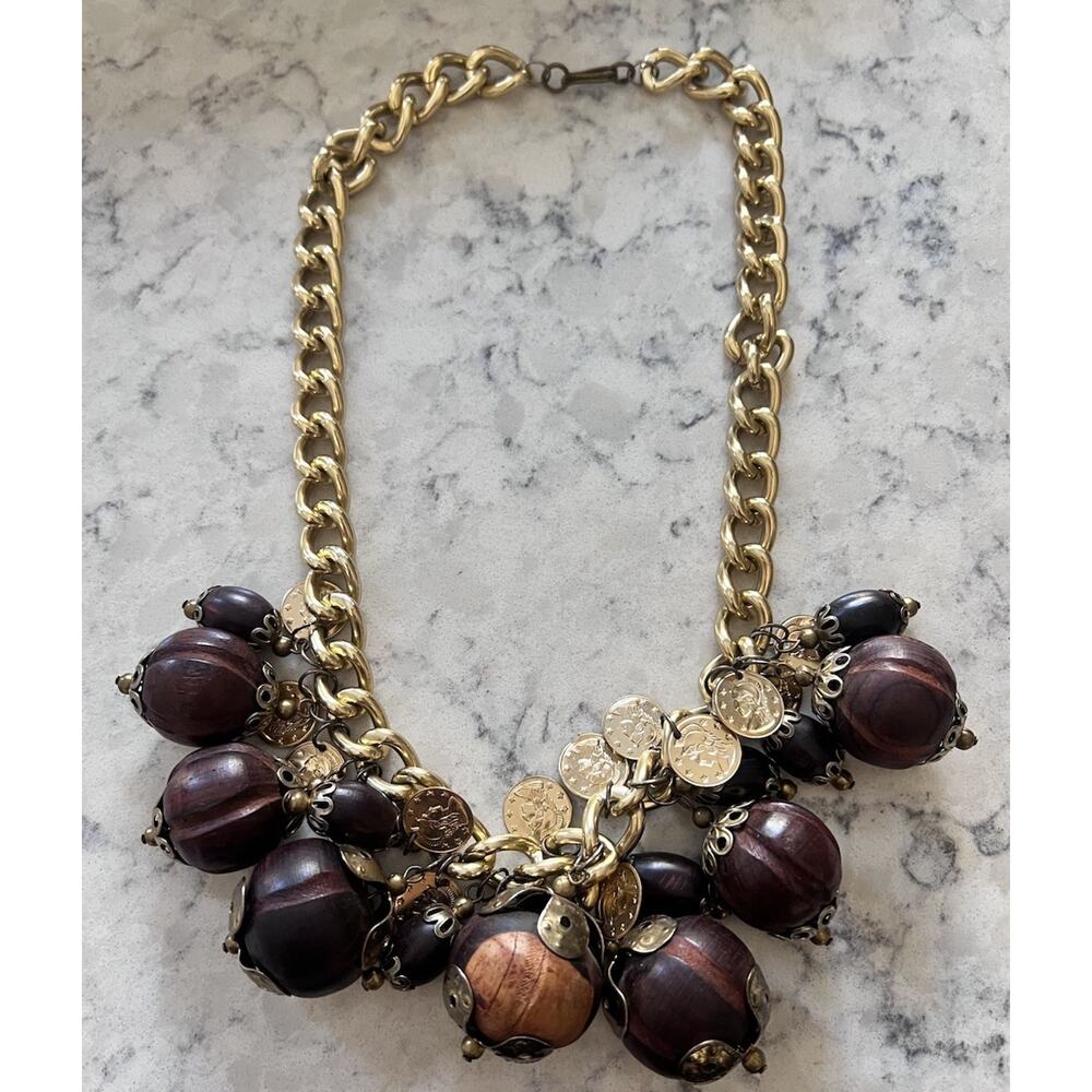 Unique Beaded Wood Coins Necklace